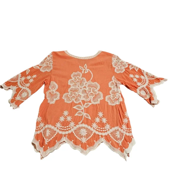 Solitaire Embroidered Boho Top Scalloped Trim Apricot/ White  Medium - Picture 3 of 9